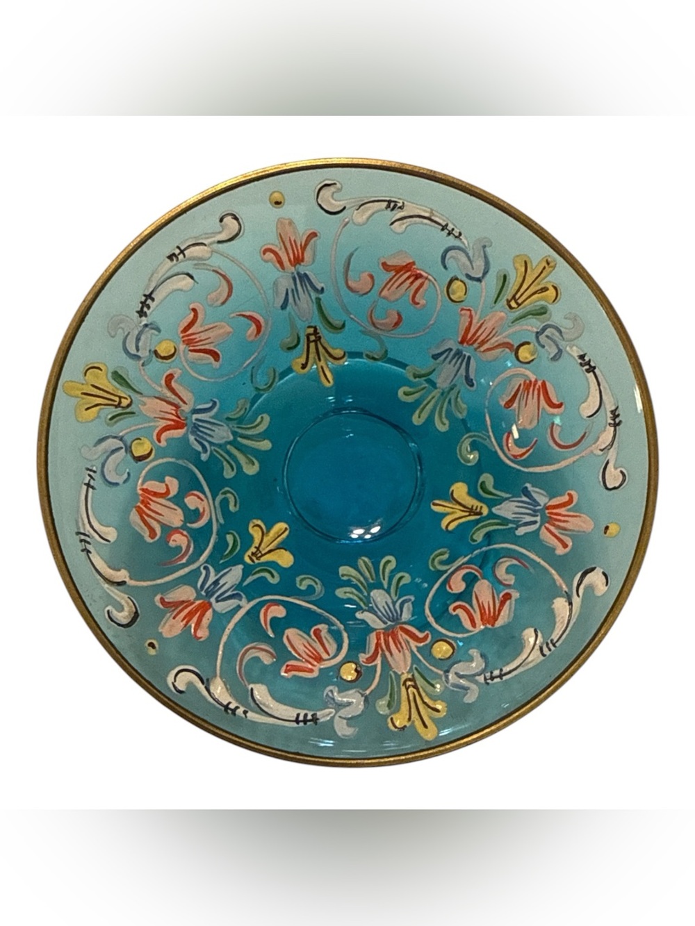 Vintage Decorative Turquoise Floral Glass Small Bowl - Unbranded
